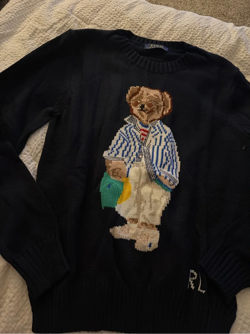 Polo by Ralph Lauren Navy Bear Intarsia Crewneck Sweater with Multicolor Bear
